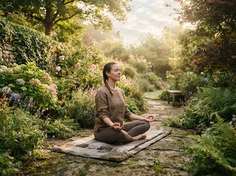 Woman Meditating Outdoors in Lush Green Garden at Sunrise.