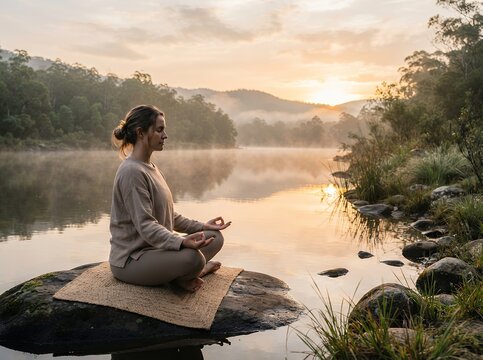 Woman meditating peacefully by a serene lake at sunrise with misty mountains in the background.