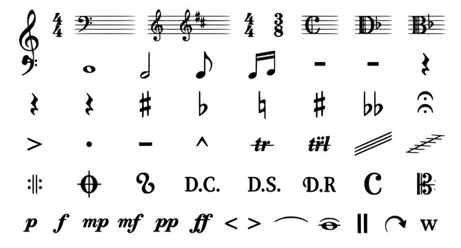 Minimal music notation vector pack featuring treble clef sheet music and note symbols isolated on white background