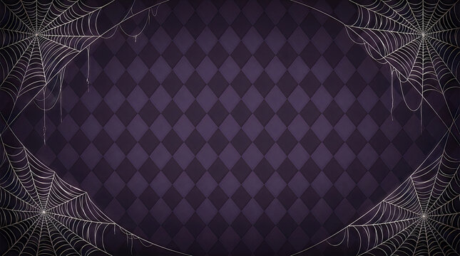 Spooky Halloween background with spider webs, purple harlequin diamond pattern texture, gothic festive backdrop for party invitations