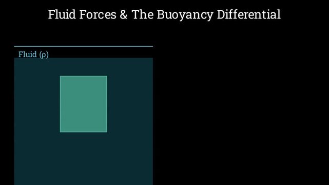 Physics simulation visualizing fluid forces and hydrostatic pressure differential causing buoyant force on a submerged object