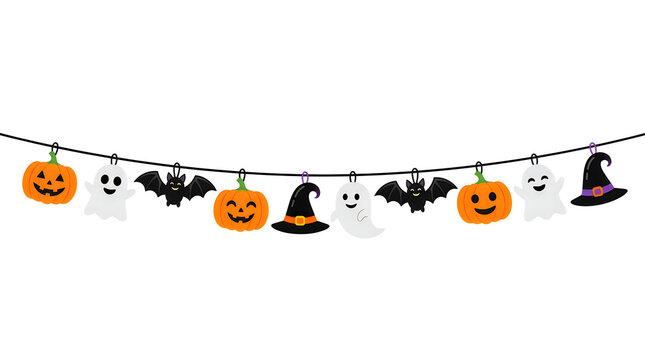 Halloween garland with cute pumpkins and ghosts, festive party bunting with bats and witch hats, spooky holiday decoration on white background