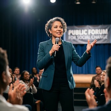 Woman speaking at public forum for social change event.