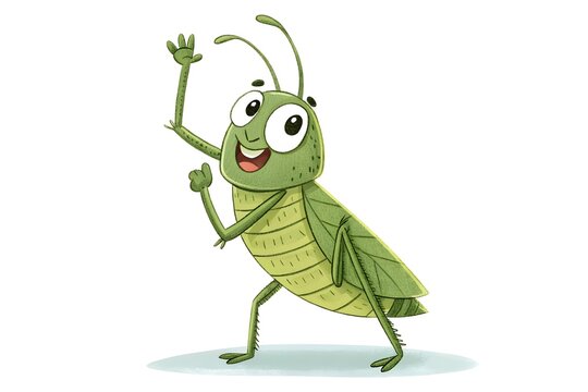 Cartoon green happy grasshopper waving cheerfully