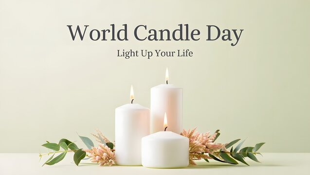 World candle day conceptual banner with decorative white pillar candles and eucalyptus