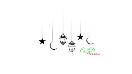 Eid mubarak greeting card with hanging lanterns stars and crescent moons on white background. © Icon Stocks