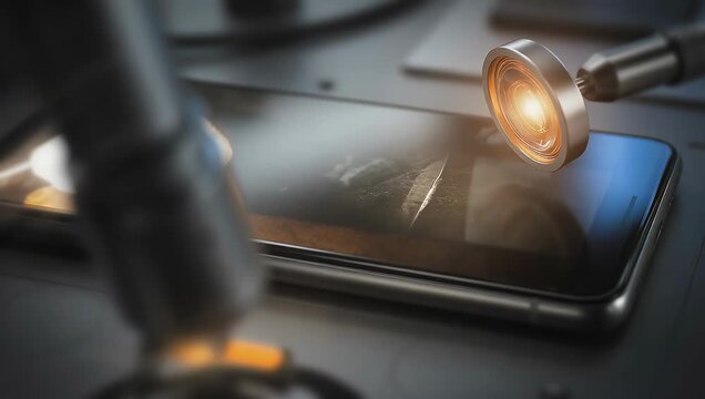 Inspecting a Smartphone Screen with a Magnifying Glass for Damage Identification