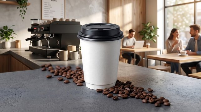 A close-up shot of a disposable coffee cup with a black lid and scattered coffee beans on a counter in a cafe