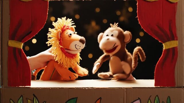 Child hand puppeteering lion toy puppet interacting with monkey toy puppet on small cardboard stage with red curtains during children show