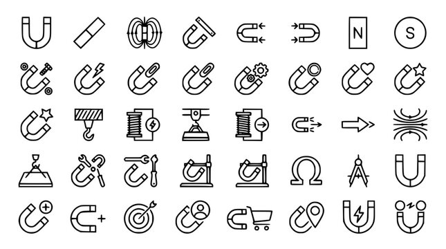 Magnet Editable Stroke Outline Icons Set with Magnetic Force Science and Attraction Symbols