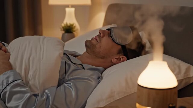 Man sleeping peacefully on bed wearing sleep mask. Essential oil diffuser emitting vapor on nightstand beside sleeping person. Relaxing bedtime routine for calm rest and wellness.
