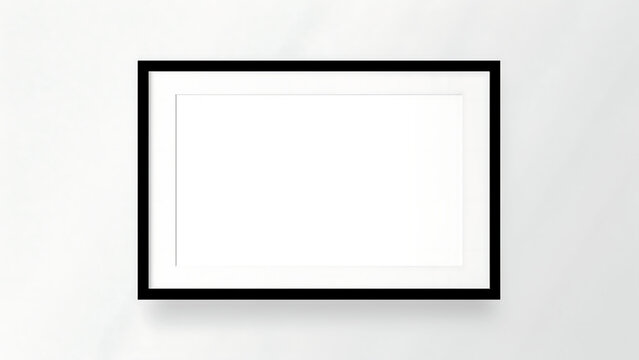 Empty horizontal black frame mockup on plain wall with horizontal, template
