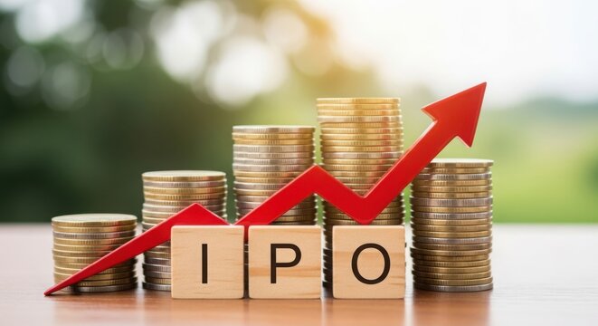 Wooden blocks with ipo text and rising red arrow on stacked coins illustration