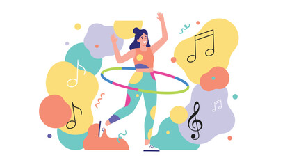 Fototapeta premium Healthy woman doing a hula hoop workout on an abstract background filled with music notes and colors.