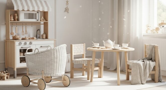 Charming children s play kitchen and dining set in a bright airy room