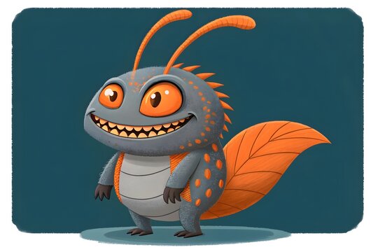 Cartoon monster with big eyes and orange antennae standing on green background