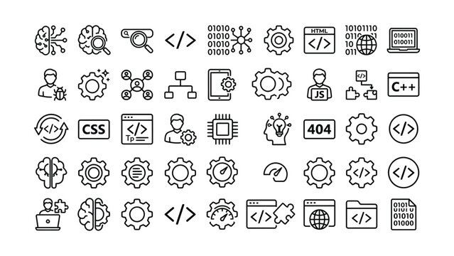 Black line icons for web development and programming concepts  various symbols