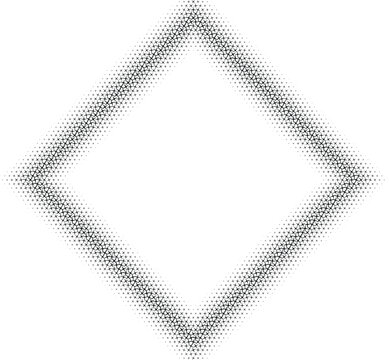 Diamond shape frame created with black halftone dots on a white background, geometric border for projects, simple outline