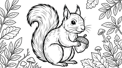 Cute squirrel sitting holding nut acorn in forest line art coloring page vector illustration design © MDMejanur