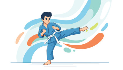 Fototapeta premium Young boy in blue karate uniform performing a high kick on dynamic colorful abstract background, depicting sports and power.