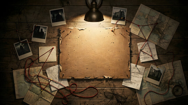 Vintage Mystery Investigation Board with Blank Canvas and Red String
