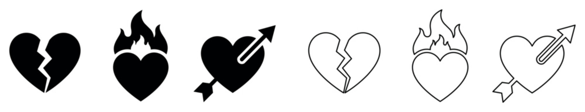Set of love and relationship concept icons featuring broken heart, flaming heart, and heart with arrow in solid and outline styles for romantic and emotional designs
