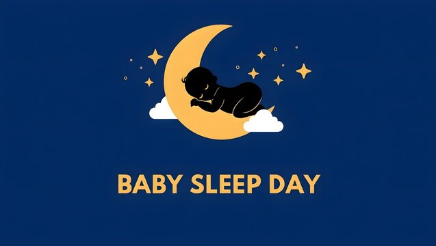 Baby sleep day graphic with a silhouette of an infant resting on a crescent moon at night