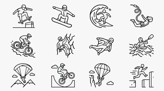 Elegant Black and White Line Set of Extreme Sports and Adventurous Activities Icons with high quality professional line art symbols for modern creative design and digital branding projects