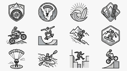 Fototapeta premium Dynamic Black and White Line Set of Extreme Sports and Adventure Activities Icons with high quality professional line art symbols for modern creative design and digital branding projects