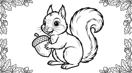 Cute cartoon squirrel holding acorn sitting inside frame line art coloring page vector illustration design © MDMejanur