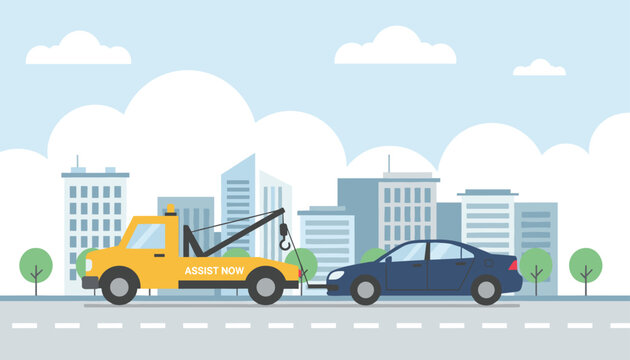 Yellow tow truck assists a broken down blue car in a modern city street with skyscrapers and trees under blue sky.