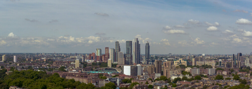 LONDON - Aerial view of Nine Elms high-rise development and residential streets of Kennington in the foreground