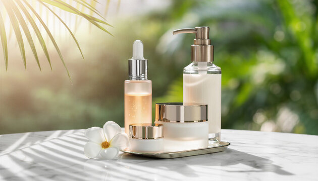 Luxury skincare serum dropper bottle pump dispenser and cream jar on silver tray marble surface soft natural light