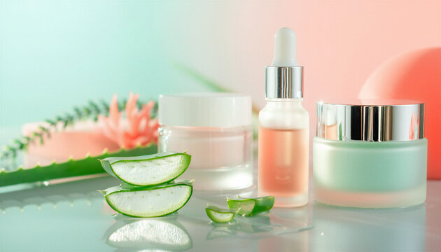 Aloe vera slices with pink serum dropper bottle and frosted mint cream jars on reflective surface pastel background