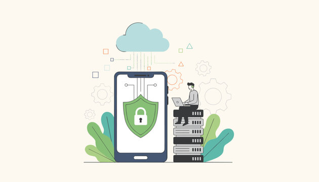Secure mobile cloud computing technology represented by smartphone with green protection shield and man working on server rack.