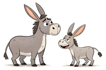 Naklejka premium Smiling cartoon donkey and baby donkey looking at each other