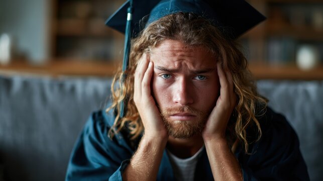 A young man in a graduation gown shows a mix of pride and anxiety, capturing the emotional complexity of the transition to adulthood within a modern living space.