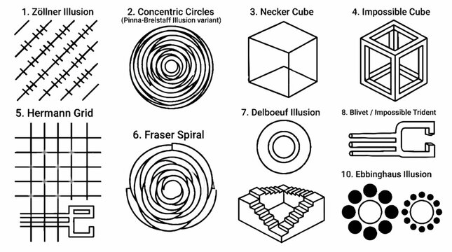 A collection of ten classic optical illusions and geometric paradoxes presented in a grid layout.