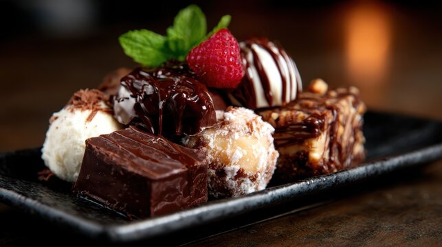 An enticing display of various gourmet chocolates, artfully arranged and garnished, representing decadence and the joy of indulgent treats for dessert lovers.