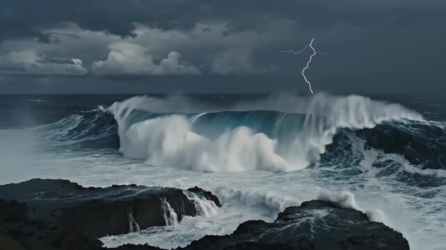 Powerful ocean wave breaking near rocky shore under stormy sky with dramatic lightning strike, displaying raw force of nature during tempestuous weather condition.