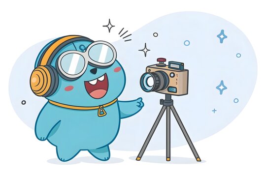 Cute cartoon character with headphones taking a photo with a camera