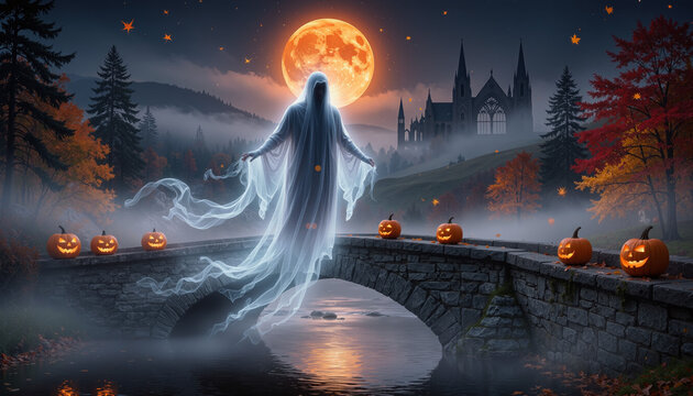 Glowing ghost figure floating on stone arch bridge with jack-o-lanterns under orange harvest moon autumn night