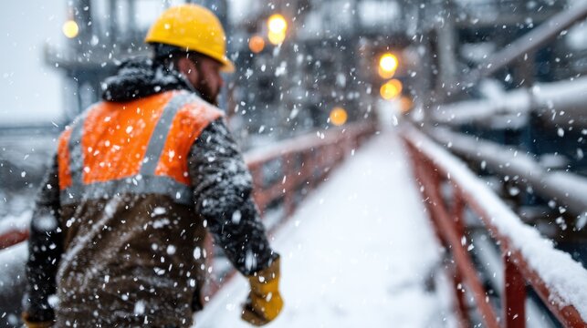 A dedicated construction worker in winter gear navigates a snowy site, embodying resilience and determination amidst challenging weather conditions and a busy industrial atmosphere.