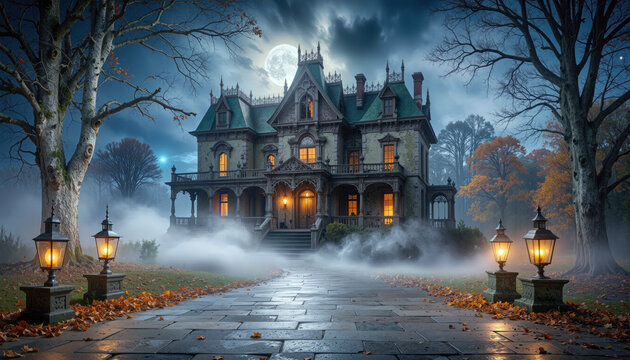 Gothic Victorian mansion at night with glowing windows fog and full moon in autumn