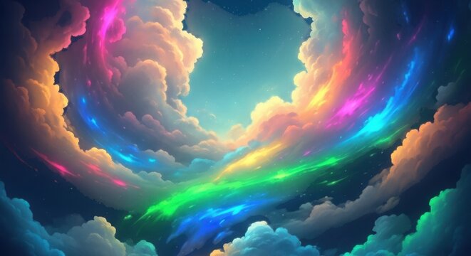 Vibrant rainbow colors swirl through ethereal clouds in a dreamlike sky