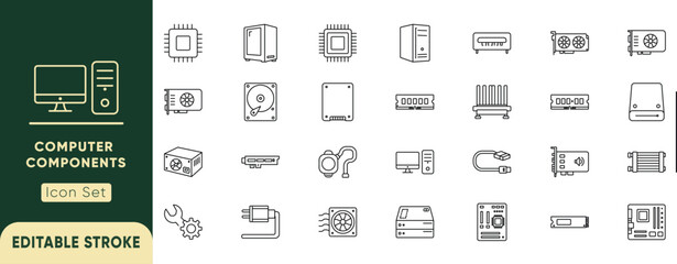 Computer components line icon set. Featuring motherboard, processor, graphics card, hard drive, RAM, and power supply. Professional editable vector illustration. © Iconix Studio