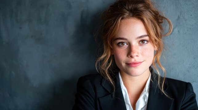 A beautiful young woman with wavy hair and freckles poses against a textured background, exuding confidence and elegance in her stylish, formal attire.