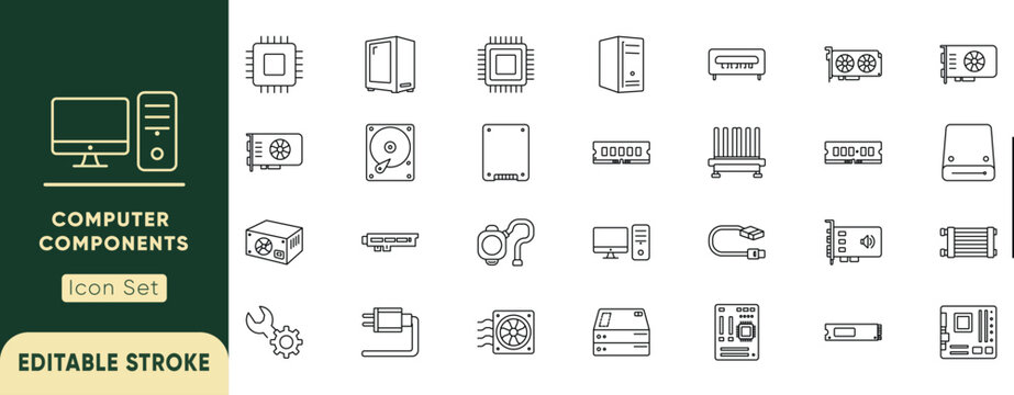 Computer components line icon set. Featuring motherboard, processor, graphics card, hard drive, RAM, and power supply. Professional editable vector illustration.