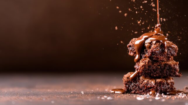 This decadent stack of brownies is drizzled with luscious chocolate sauce, embodying indulgence, sweetness, and the joy of dessert that captivates any chocolate lover's heart.