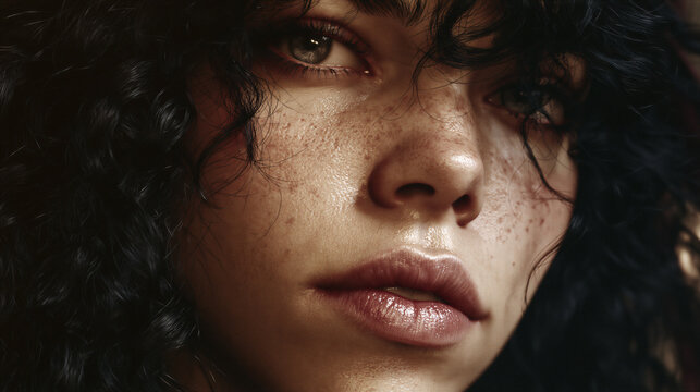 Close-up portrait of young woman with dark curly hair freckles and natural glowing skin in dramatic warm moody lighting